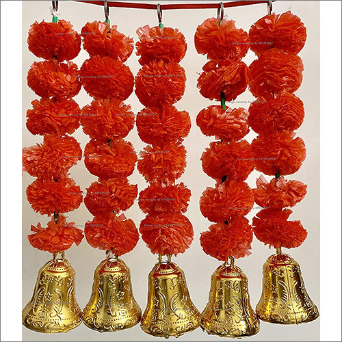 Sphinx Artificial Marigold Fluffy Flowers And Golden Silver Hanging Bells Short Garlands Torans Wall Hangings Latkans For Decoration Pack Of 5 Strings Red