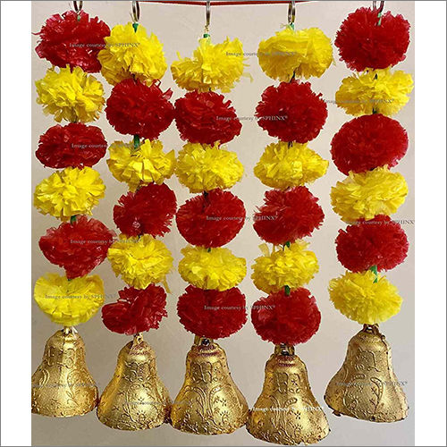 Sphinx Artificial Marigold Fluffy Flowers And Golden Silver Hanging Bells Short Garlands Torans Wall Hangings Latkans Yellow And Red