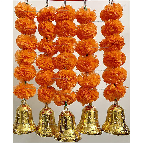 Sphinx Artificial Marigold Fluffy Flowers And Golden Silver Hanging Bells Short Garlands Torans Wall Hangings Latkans Dark Orange