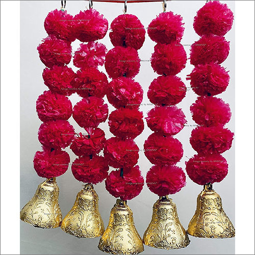 Sphinx Artificial Marigold Fluffy Flowers And Golden Silver Hanging Bells Short Garlands Torans Wall Hangings Latkans Dark Pink (Rani)
