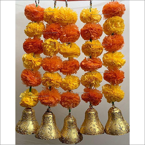 Sphinx Artificial Marigold Fluffy Flowers And Golden Silver Hanging Bells Short Garlands Torans Wall Hangings Latkans Light And Dark Orange