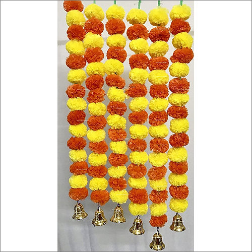 Sphinx Artificial Marigold Fluffy Flowers And Golden Bells Garlands Torans Wall Hangings For Decoration Pack Of 6 Strings Yellow And Dark Orange
