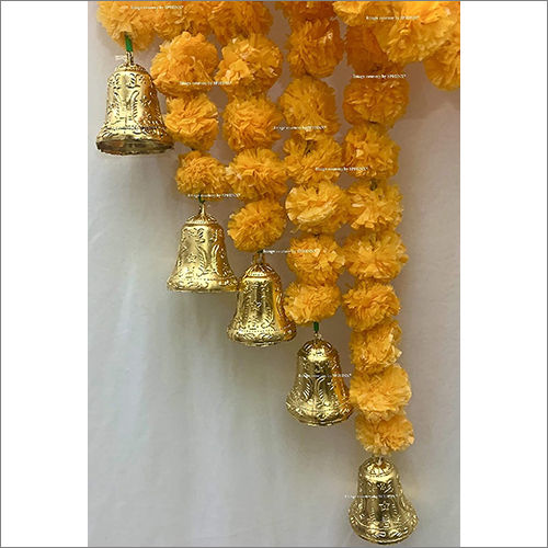 Sphinx Artificial Marigold Fluffy Flowers And Golden Silver Hanging Bells Garlands Torans Wall Hangings For Decoration Strings Light Orange