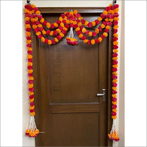Sphinx Artificial Marigold Fluffy Flowers And Tuberose (Rajnigandha) Triple Line Door Toran Set Door Hangings Light Orange And Red