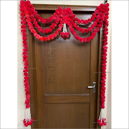 Sphinx Artificial Marigold Fluffy Flowers And Tuberose (Rajnigandha) Triple Line Door Toran Set Door Hangings Red