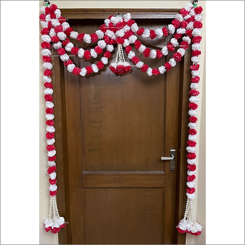 Sphinx Artificial Marigold Fluffy Flowers And Tuberose (Rajnigandha) Triple Line Door Toran Set Door Hangings White And Red