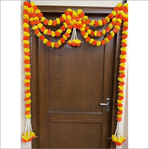 Sphinx Artificial Marigold Fluffy Flowers And Tuberose (Rajnigandha) Triple Line Door Toran Set Door Hangings Yellow And Dark Orange