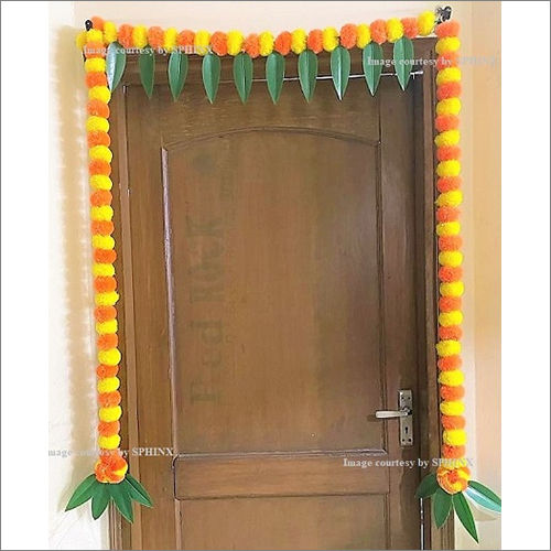 Decorative Flower Sphinx Artificial Fluffy Marigold And Mango Leaves Straight Door Toran (Yellow And Dark Orange)