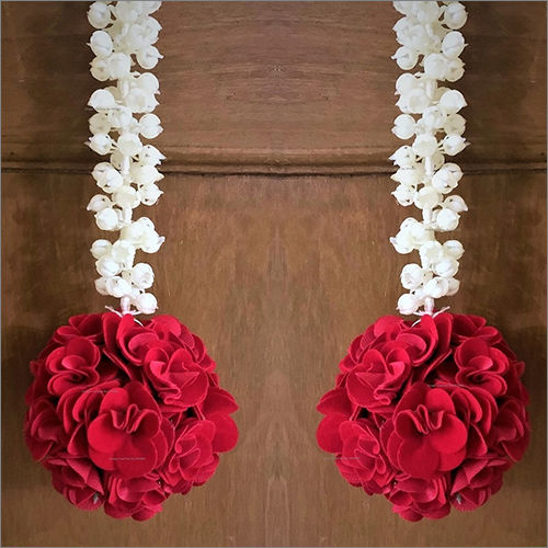 Sphinx Artificial Jasmine (Mogra) Garland With Rose Flower Ball (Off White Creamish And Red)