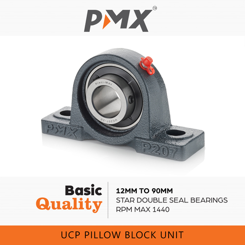 UCP Series Bearings - Chrome Steel, Bore Size 12 to 90 mm, Grey Color, Single Row Usage - Limiting Speed 1440 RPM, Double Star Seal, 0.740 to 13.000 kg Weight