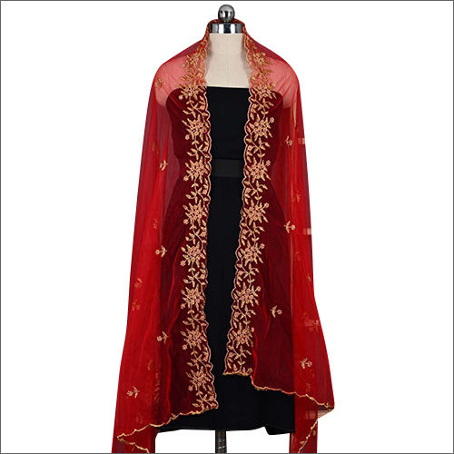 DPT ND-03 Net Embroidery Red Dupatta With Hand Work