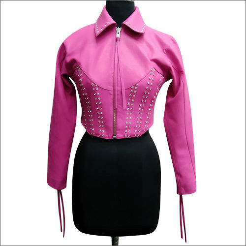 Embroidered Pink Leather Long Sleeve Jacket