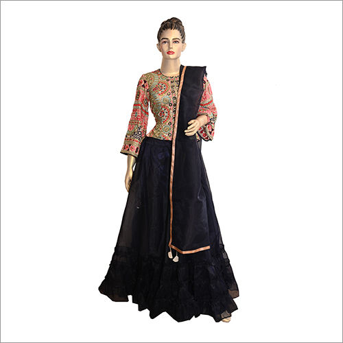 Indian Navy Blue Designer Skirt In Tissue With Heavy Work Top