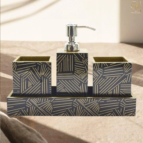Liquid Soap Dispenser Set - MDF with Raisin Coating, Glossy Finish, Includes 1 Soap Dispenser, 2 Tumblers, and 1 Vanity Tray