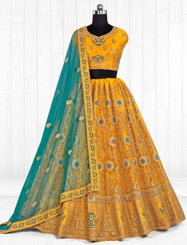 EXLCLUSIVE FANCY DESIGNER MUSTRED RAMA LEHENGA CHOLI