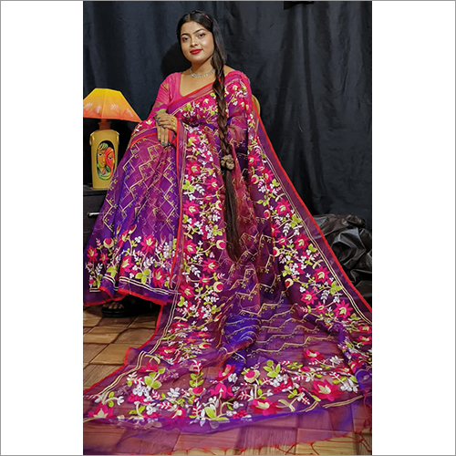 Muslin Purple Embroidered Parsi Chikankari Work Saree