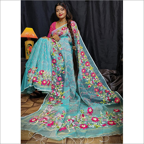 Ladies Muslin Parsi Chikankari Work Saree