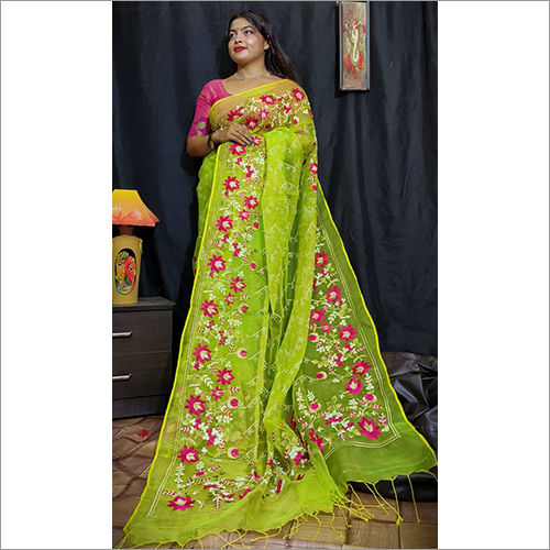 MuslinParrot Green Embroidered Parsi Chikankari Work Saree