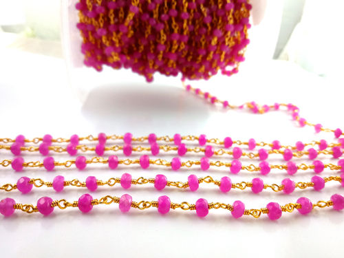 Round Hot Pink Faceted Rosary Beaded Chain Pink Gemstone Rondelle Faceted Wire Wrapped Rosary Chain