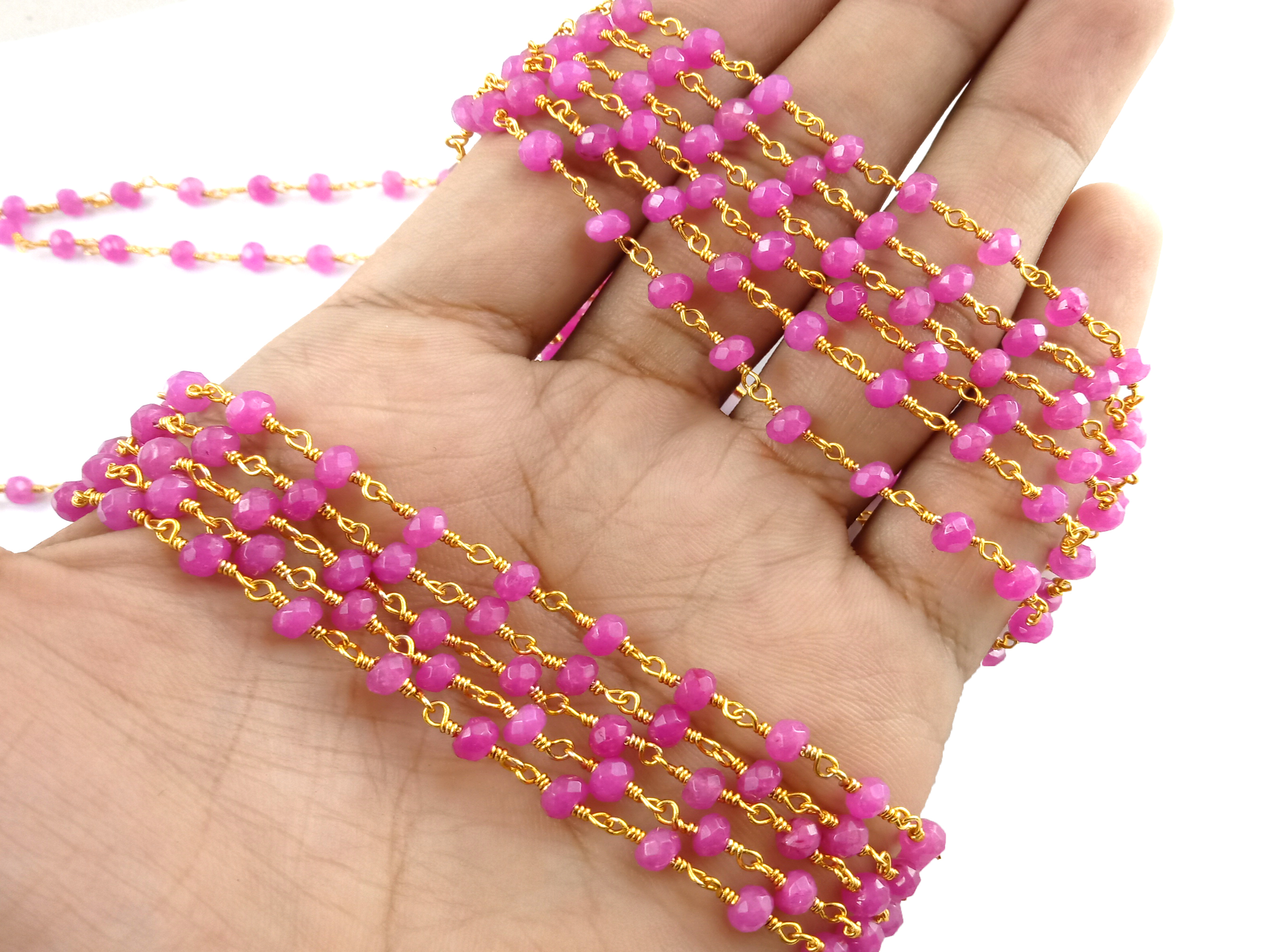 Hot Pink Faceted Rosary Beaded Chain Pink Gemstone Rondelle Faceted Wire Wrapped Rosary Chain