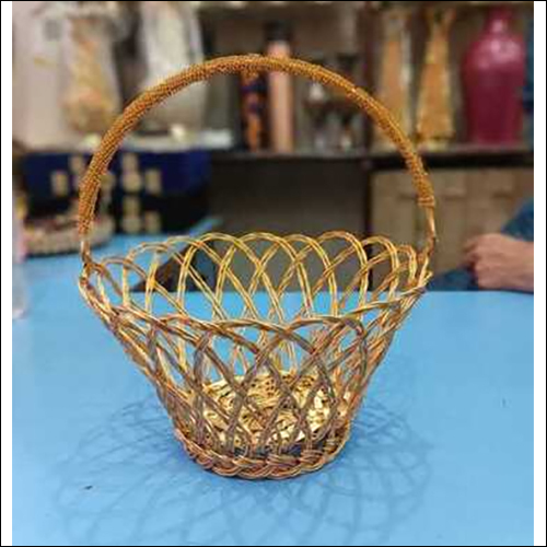 Plated Round Golden Metal Shagun Hamper Basket