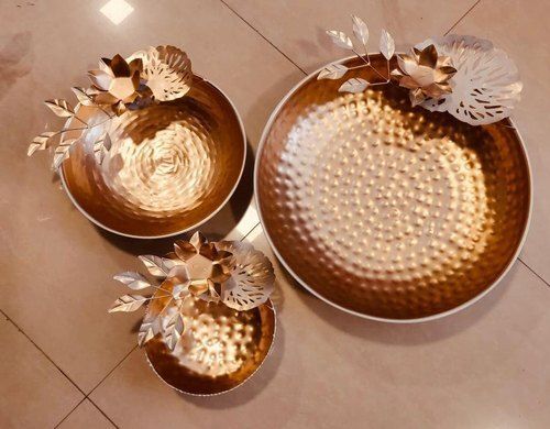 Golden Gold Powder Coated Metal Round Decorative Urli And Tray Set Of 3