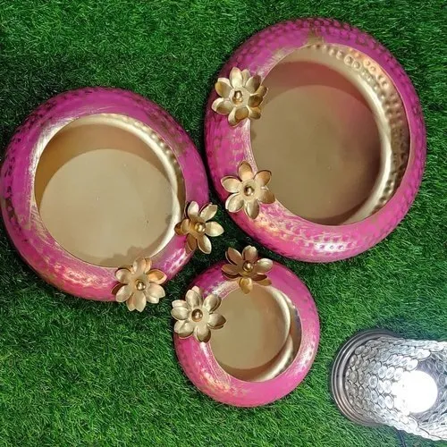 Pink Iron Decorative Round Metal Urli Set Of 3 For Home