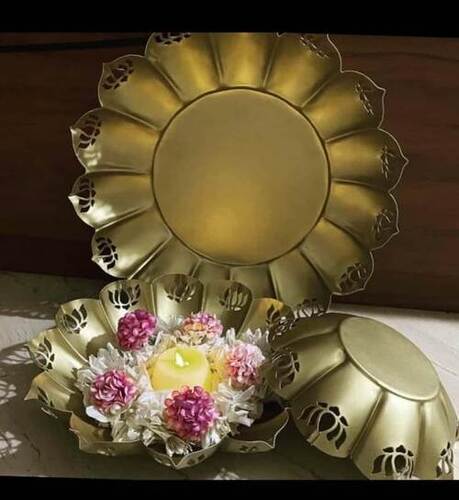 Flower Metal Urli Set Of 3 Round Shape Colour Golden