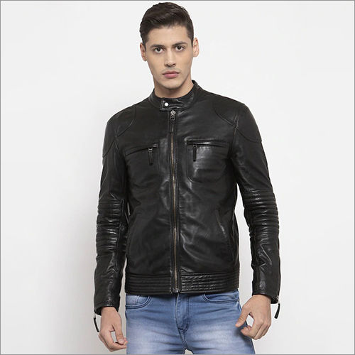 Leather Men Black Solid Lightweight Biker Jacket