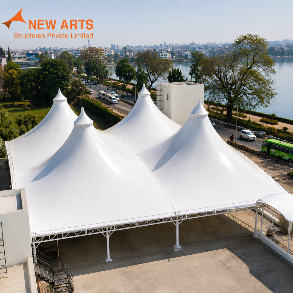 Fabric Gazebo Tensile Structures - Pvc Material, Conical Shape, White Color, Waterproof Design | Modular Build With 4 Steel Pillars, Easily Assembled