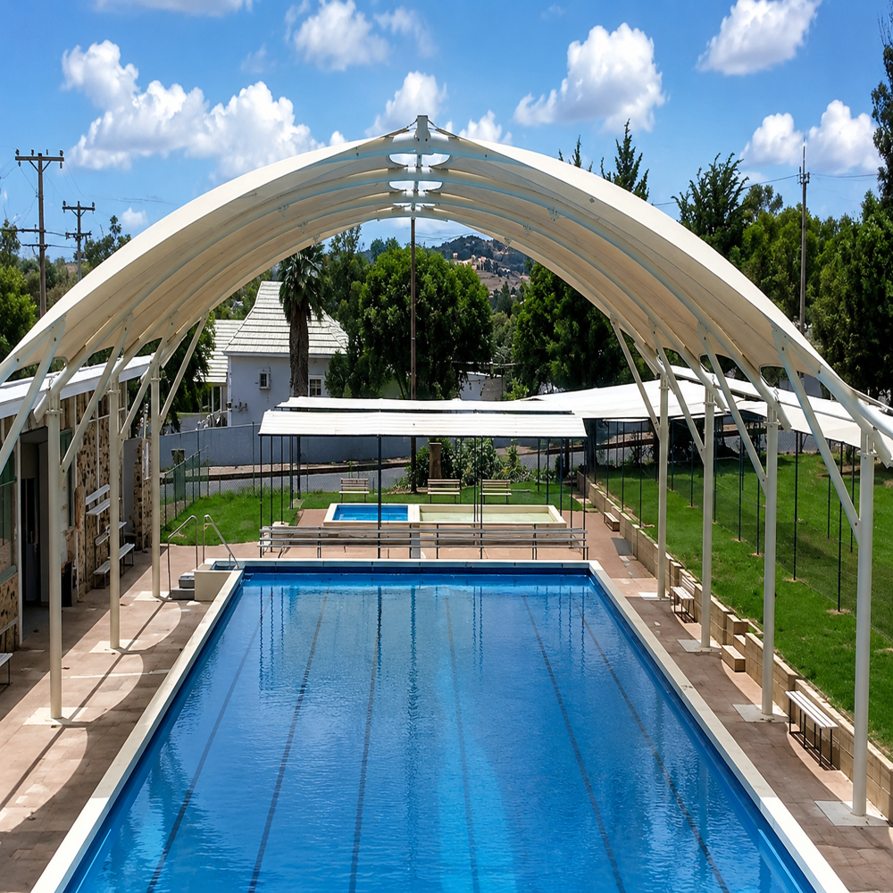 Pvc Swimming Pool Tensile Structure - Waterproof Steel Frame, 12-15 Feet Dome, White Color, 650 Gsm Pvc Material, Modular Design