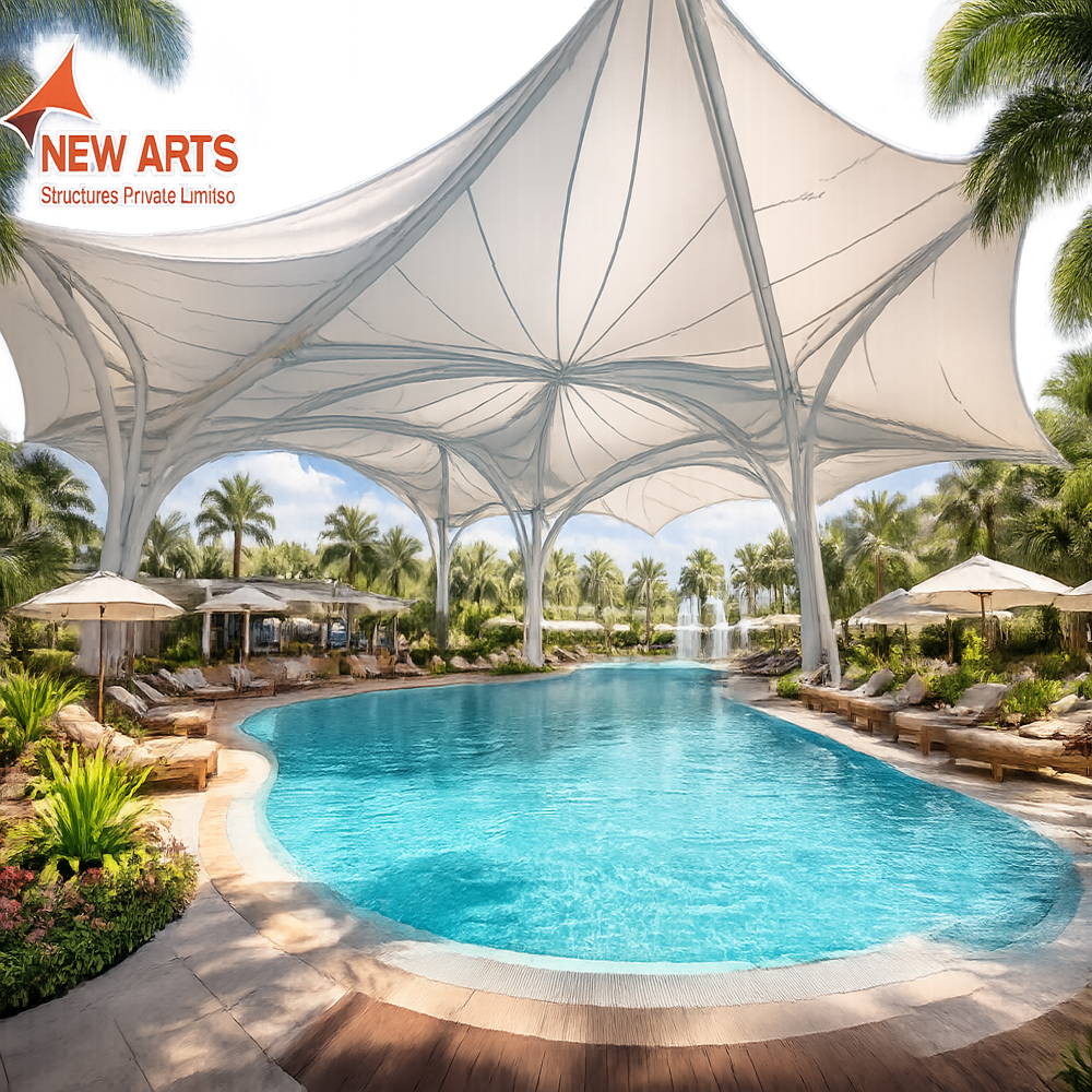 Modular Swimming Pool Tensile Structure - White Durable Fabric Design | Elegant Aesthetic Appeal and Versatile Outdoor Use