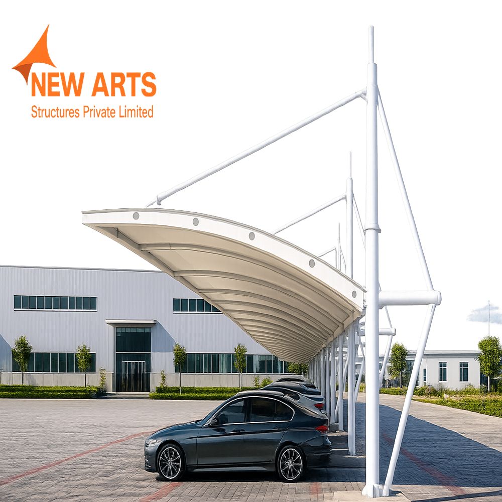 Parking Roofing Structures - Steel Material, Modular Build, Green Color, 750 GSM Thickness, PVDF Surface Treatment, Paint Coated Finish | Usage/Application: Kiosk, Features: White Roof Material