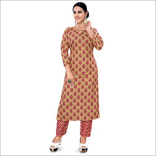 Brown Cotton Kurti With Palazzo Set - Cotton Material, Full Sleeves, Brown Red Color, Printed Pattern | Breathable, Washable, All-Season Wear