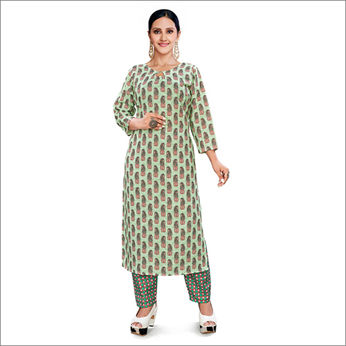 Green Cotton Printed Kurti With Palazzo Set - Cotton Material, Ethnic Printed Design, Vibrant Green Color | Washable, Ideal for All Seasons