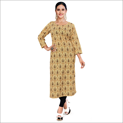 Brown Cotton Printed Straight Kurti - Cotton Regular Fit Yellow 3/4th Sleeve A-Line Style | Breathable Washable Ideal for Casual and Ethnic Wear