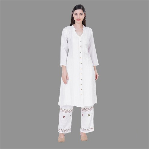 Ladies White Rayon Kurti Palazzo Set