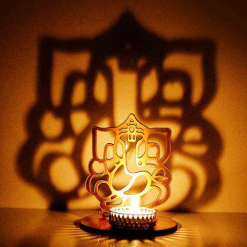 Decor Metal Shadow Laxmi Ganesh Tealight Candle Holder Iron (Pack of 2) Table Diya (Height: 4 inch