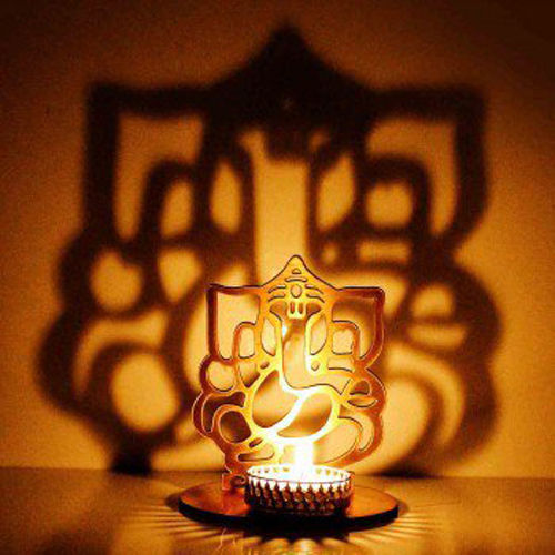 Decor Metal Shadow Laxmi Ganesh Tealight Candle Holder Iron (Pack Of 2) Table Diya (Height: 4 Inch)