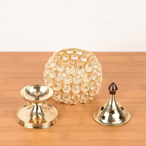 Brass Akhand Diya For Puja  Crystal Oil Lamp Dia Tea Light Holder Puja Lamp Diwali Light For Decoration (Large 13 X 8.5 cm