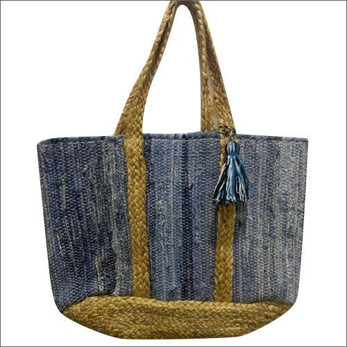 Blue-Brown Blue Cotton Jute Ladies Handbag