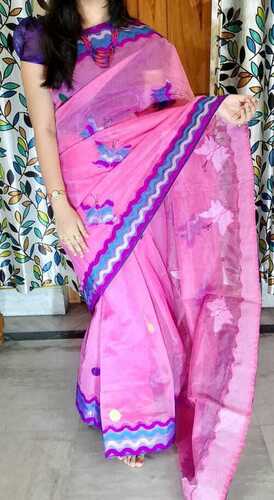 Applique work on Chanderi border on pink kota saree