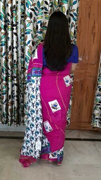 Hand paint and applique work on mix and match khesh and cotton saree