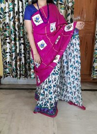 Hand paint and applique work on mix and match khesh and cotton saree