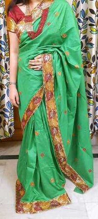 Parsi Embroidered Border And Buta On Green Pure Silk Saree