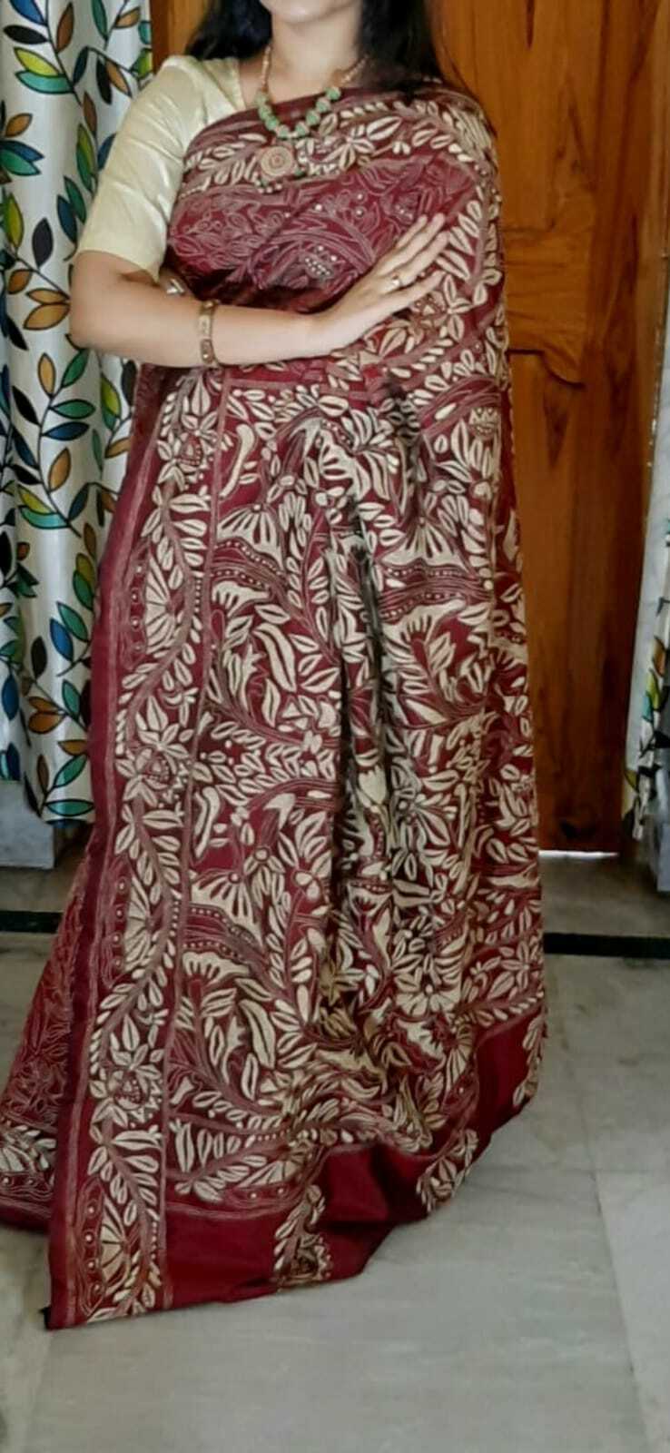 All over kantha stitch on blended Bangalore silk saree