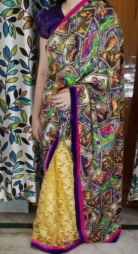 Mix and match brasso saree with  pink and purple velvet border