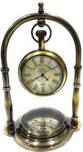 Nautical Clock Ship Table Clock Brass Desk Clock Maritime Brass Compass with Antique Victoria London Pocket Watch