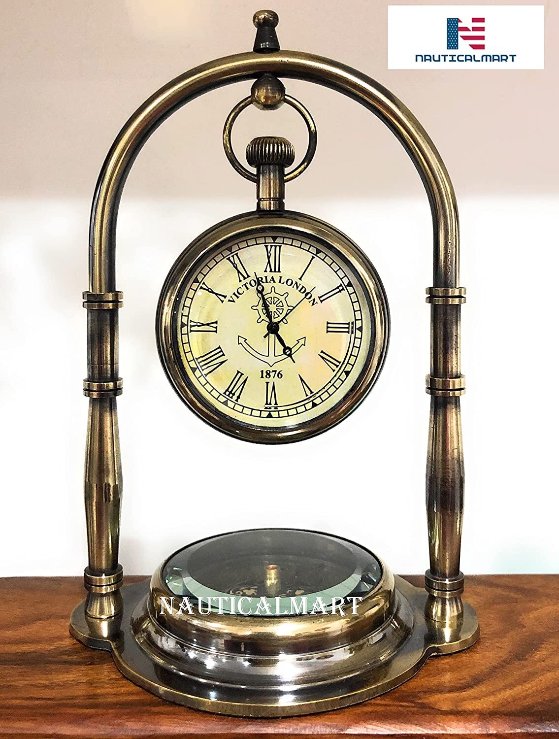 Nautical Clock Ship Table Clock Brass Desk Clock Maritime Brass Compass with Antique Victoria London Pocket Watch