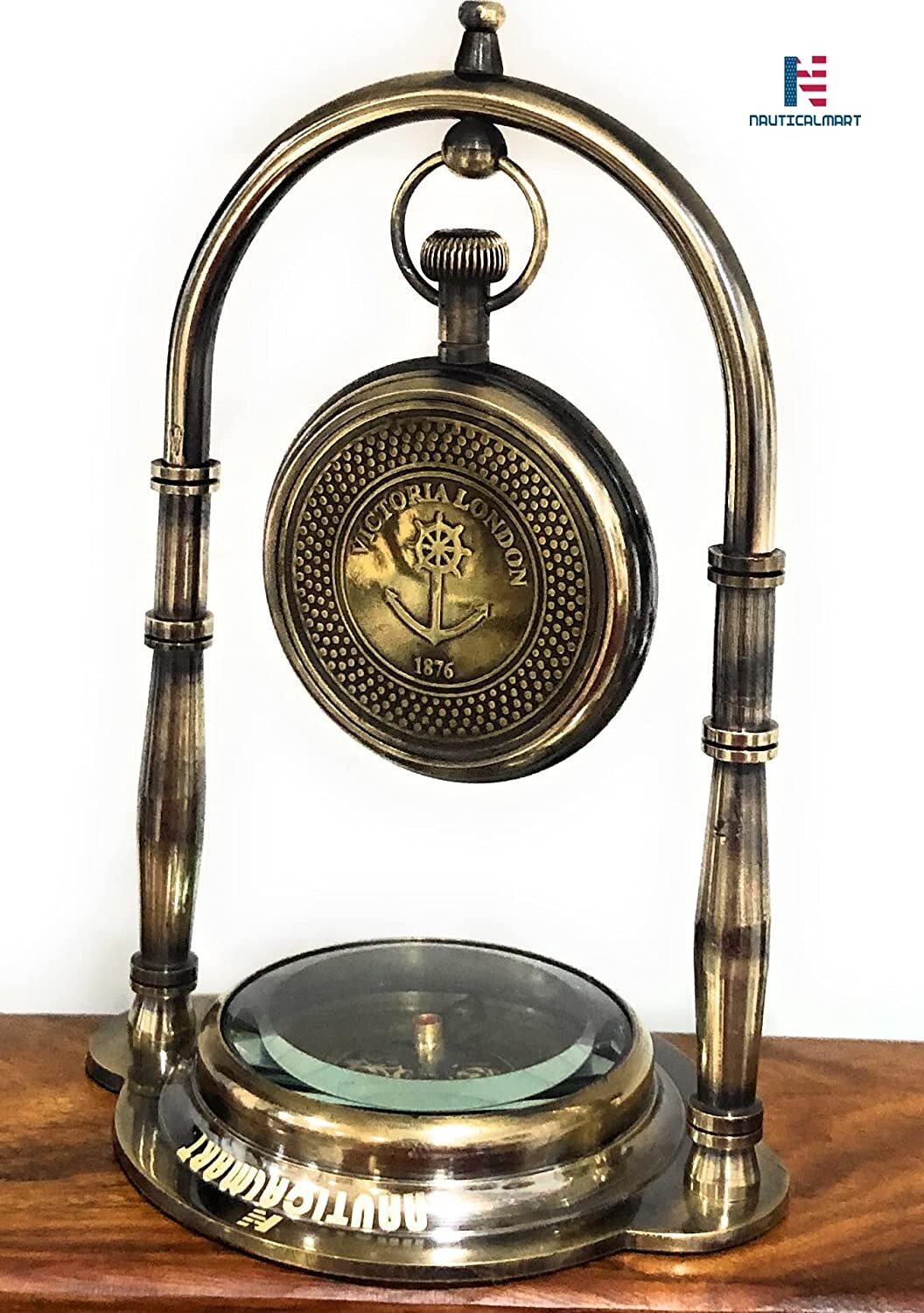 Nautical Clock Ship Table Clock Brass Desk Clock Maritime Brass Compass with Antique Victoria London Pocket Watch